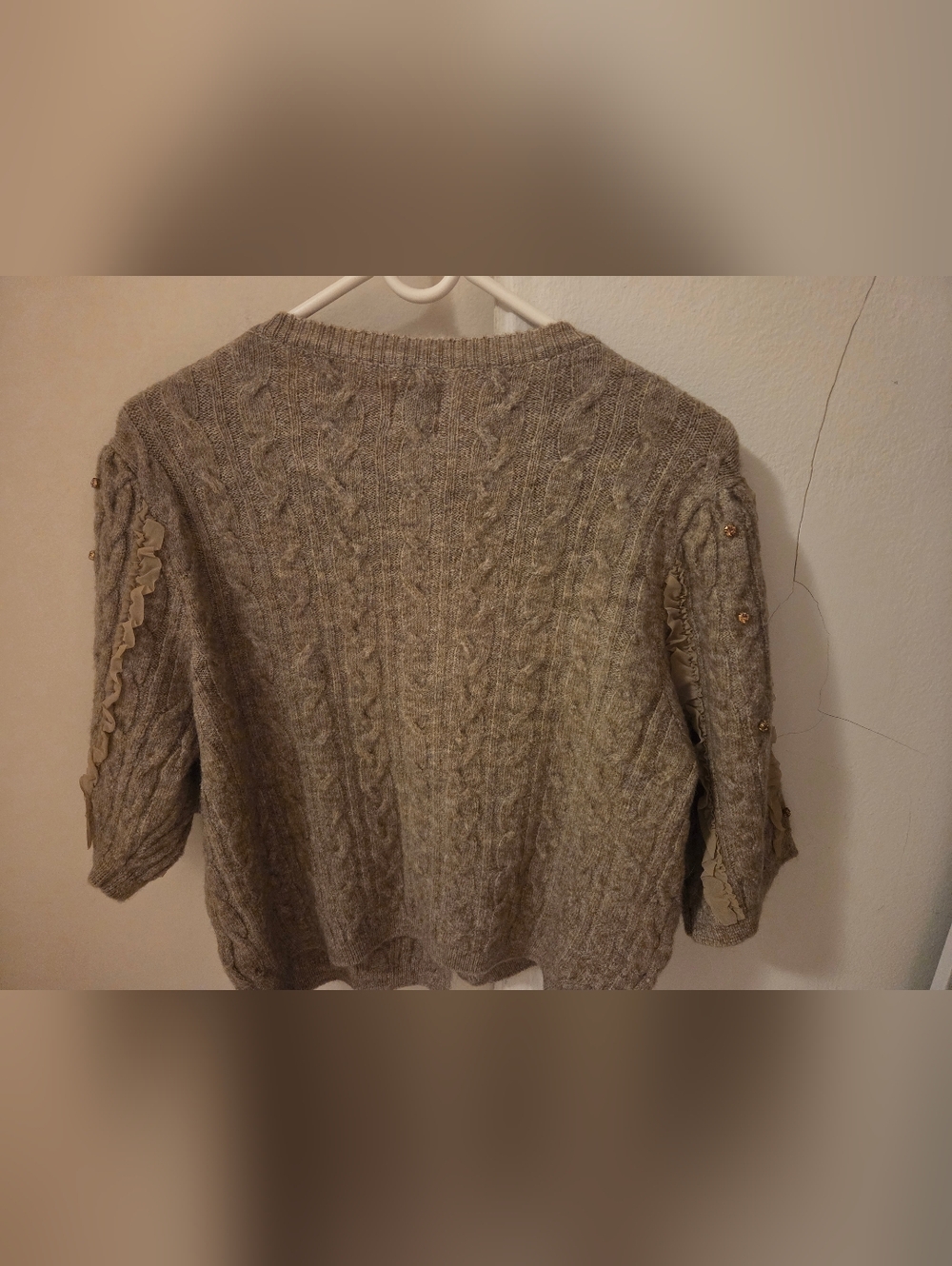 Maeve Short-sleeved Embellished Ruffled Cardigan Sweater - TAUPE - Picture 4 of 7